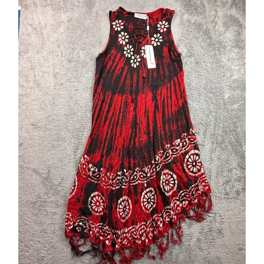 Ingear Resort Womens Beach Coverup Dress Red Black Tie Dye Boho OSFM NWT